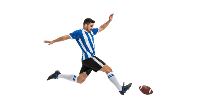 A handsome soccer player in a blue and white striped jersey kicks an american football isolated on transparent background in a dynamic studio shot