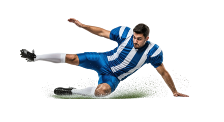 Soccer player in blue and white uniform sliding on the grass during a game isolated on transparent background, demonstrating skill and agility