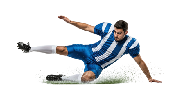 Soccer player in blue and white uniform sliding on the grass during a game isolated on transparent background, demonstrating skill and agility