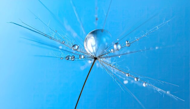 Close up macro photography of dandelion seed with water droplets against a vibrant blue background
