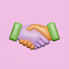 Two stylized 3D hands in a handshake, symbolizing partnership, agreement, and collaboration against a soft pink background