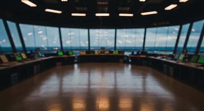 Modern air traffic control room with panoramic windows overlooking an airport tarmac for commercial usage and mockups - Powered by Adobe