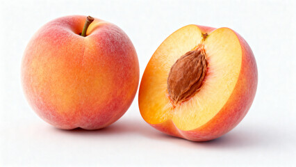 Hyper-Realistic Peach Whole and Sliced Cross Section on White Background 