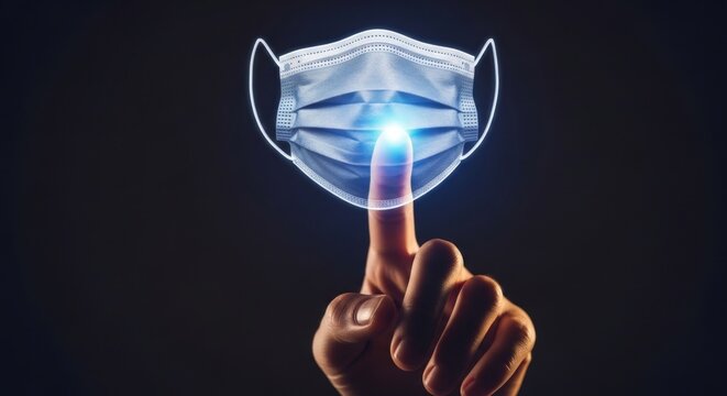 Finger pressing on a digital medical face mask on a dark background concept