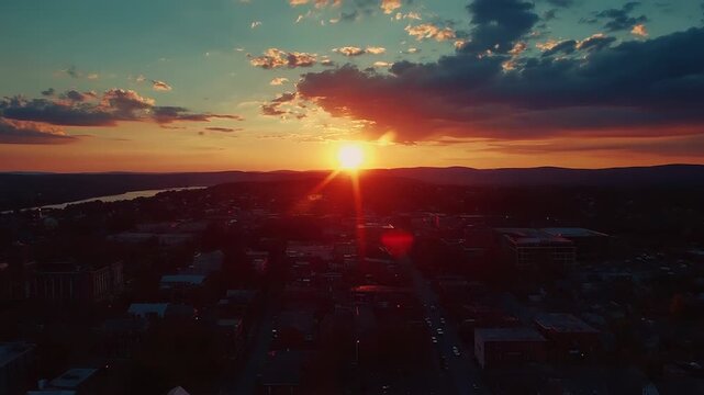 Golden hour sun setting over a scenic cityscape