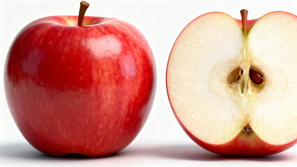 Hyper-Realistic Apple Whole and Sliced Cross Section on White Background 