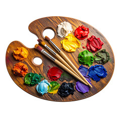  Dark wooden artist's palette with vibrant impasto oil paints (reds, blues, greens, yellows, purples, browns) and