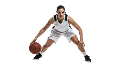 Focused female basketball player dribbling the ball isolated on transparent background, displaying her agility and control during a dynamic game or training session