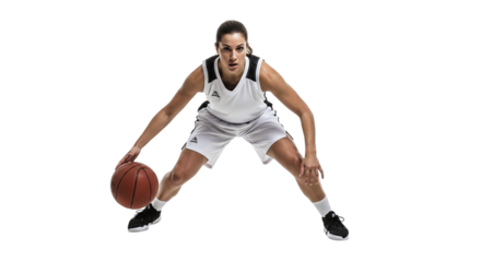 Focused female basketball player dribbling the ball isolated on transparent background, displaying her agility and control during a dynamic game or training session