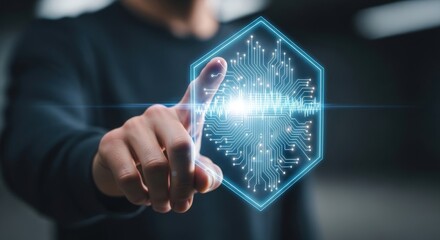 Finger touching a digital hexagon, representing technology and data processing