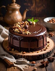 Chocolate cake with nuts and mint