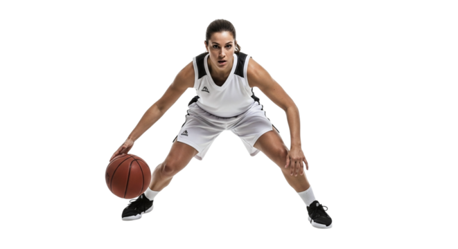 Focused female basketball player dribbling the ball isolated on transparent background, displaying her agility and control during a dynamic game or training session - Powered by Adobe