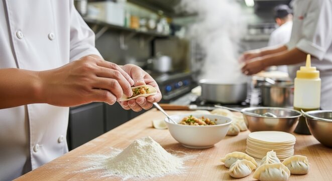 Professional chef preparing handmade dumplings in a busy restaurant kitchen.