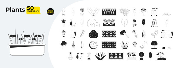 Fototapeta na wymiar Plants, trees, shrubs and nature outline illustrations mega bundle. Flowers, bushes, flowerpots, raised beds, rainy weather 2D linear images isolated. Collection black and white vector drawings