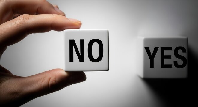 A hand holds a white block with NO written in black while a slightly blurred YES block sits in the background on a brightly lit surface with shadow