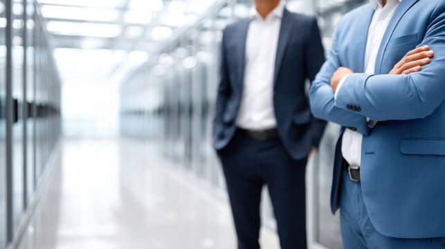 Two businessmen in suits stand in a modern, brightly lit server room or data center hallway with blurred backgrounds. - Powered by Adobe