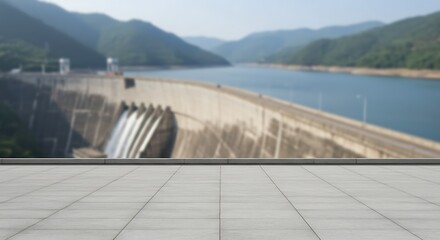 A large concrete dam holding back a vast reservoir of blue water, surrounded by green mountains for commercial usage and mockups