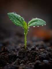 Closeup macro of young tree seedling emerging from rich dark soil with water droplets on leaves showing hopeful growth perfect for environmental restoration and sustainability reforestation concept.