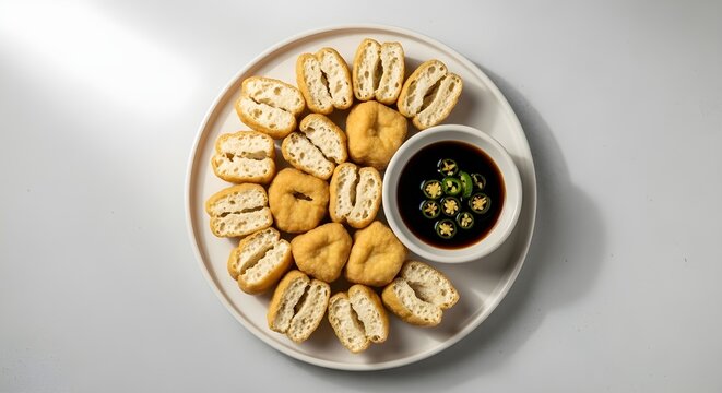 An overhead shot of crispy Tahu Sumedang (fried tofu) with hollow centers, arranged in a ring around a bowl of spicy dark soy sauce (sambal kecap) and sliced chili peppers