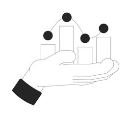 Hand holding analytics bar graph dots outline illustration. Data growth support with barchart. Financial uplift. Strategic analysis isolated 2D vector image black and white. Linear drawing clip art