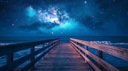 Stunning wooden pier leads to vast ocean under vibrant starry galaxy, inviting wonder and cosmic exploration