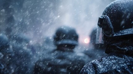 Obraz premium Riot police officers in protective gear stand in a dense snowfall facing an intense challenging situation in winter