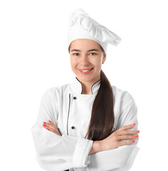 Young female chef on white background