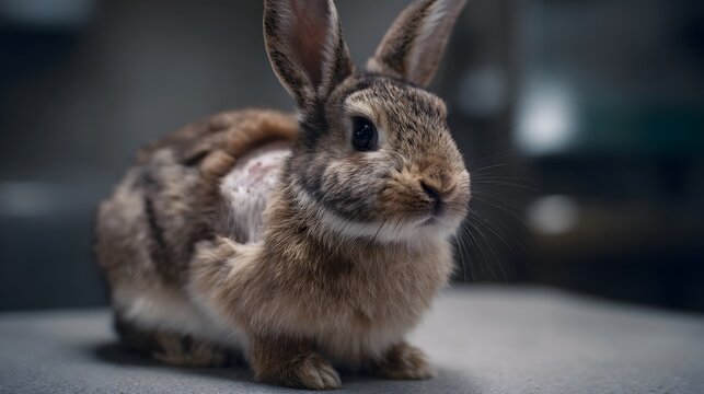 Close up of a rabbit with a shaved patch on its side sitting indoors under soft light suggesting medical observation or care