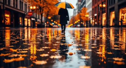 Rainy street scene with person holding umbrella and autumn leaves