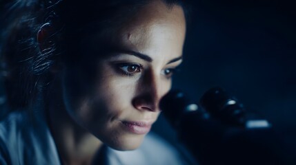 Close up of a scientist intensely studying a sample under a microscope in a dimly lit laboratory