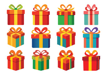 Collection of twelve colorful festive gift boxes with ribbons and bows for holidays and celebrations
