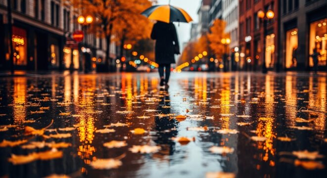 Rainy street scene with person holding umbrella and autumn leaves - Powered by Adobe