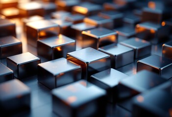 Abstract geometric pattern of metallic cubes with soft, diffused lighting creating a sense of depth and futuristic design