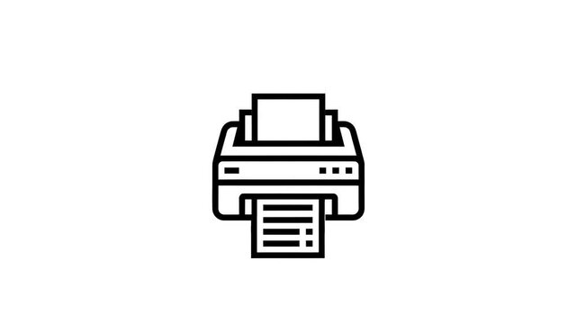 Printer 2D animation on white background, office and printing concept. printing a paper