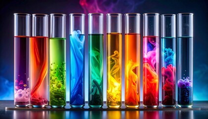 Row of ten transparent test tubes with rainbow-colored liquids and swirling powders illustrating chemical reactions solubility and diffusion for editorial science education and artistic laboratory-the