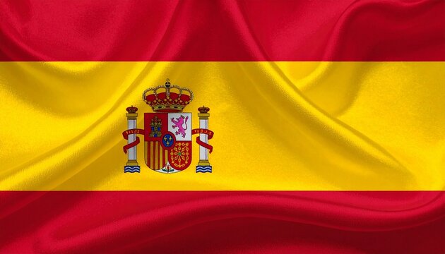 National flag of Spain with red and yellow horizontal stripes and detailed coat of arms featuring historical kingdoms crown and PLUS ULTRA motto for editorial geopolitical heritage and cultural identi