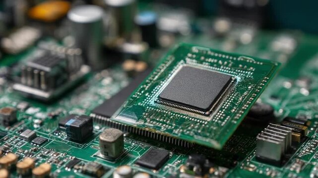 Close-up of a CPU being installed onto a green computer motherboard.