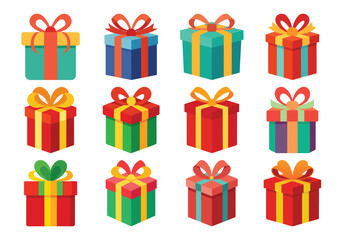 Collection of twelve colorful festive gift boxes with ribbons and bows for celebrations