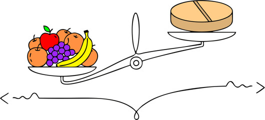 Balance scale with fruits and a medicine pill. Concept of nutrition versus drugs, and food as medicine