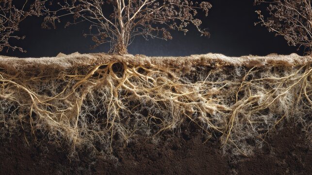 Mycorrhizal fungi networks connecting plant roots in forest soil showing underground ecosystem and natural communication system perfect for forest ecology and carbon storage sequestration concepts.