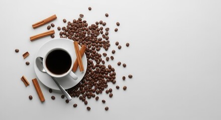 Black coffee in white cup with coffee beans and cinnamon sticks on a white surface