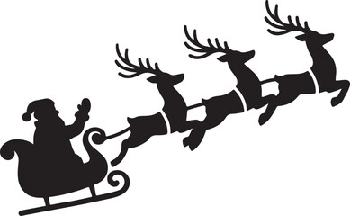 Santa sleigh silhouette, flying reindeer illustration, Christmas gift delivery