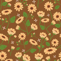 Seamless pattern of yellow daisies with green leaves on warm brown tones. Great for vintage textile, home decor, and retro-style wallpaper.