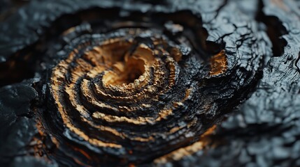 Obraz premium Intricate natural texture of charred wood revealing golden wood grain in striking macro detail, evoking raw power and natural beauty.