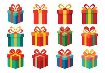 Collection of twelve colorful gift boxes with festive ribbons and bows for holidays