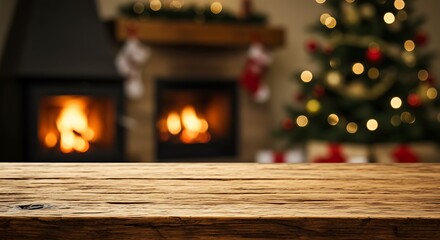 Cozy christmas scene with a fireplace and decorated tree, empty wooden table in foreground for commercial usage and mockups