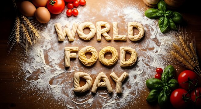 World food day text made of bread and ingredients