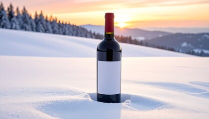 Wine bottle with blank white label and red foil top placed upright in snowy landscape with forest and sunset glow for editorial seasonal elegance conceptual outdoor lifestyle and winter celebration-th