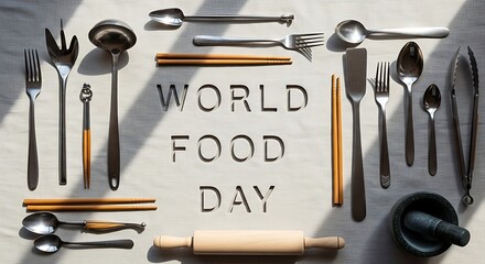 World food day message with kitchen utensil arrangement