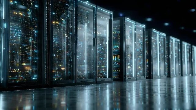 Rows of illuminated server racks in a data center.